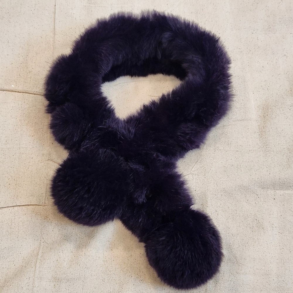 Plush Dark Purple Faux Fur Pom Pom Scarf Winter Festival Weather Neck Warmer 29"